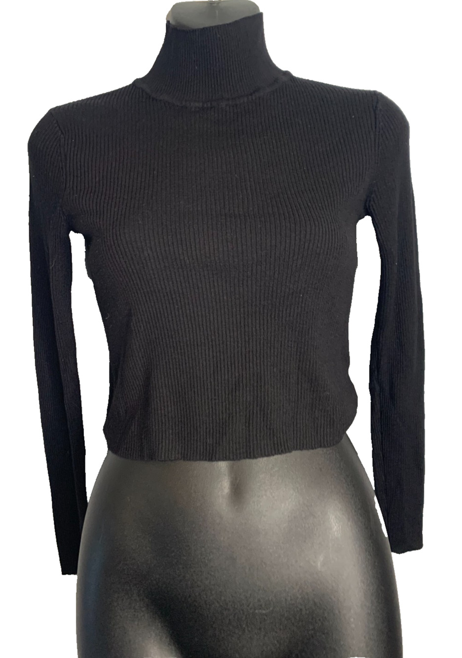 Ardene Women's Small Mock Neck Cropped Black Ribbed Long Sleeve Sweater Shirt